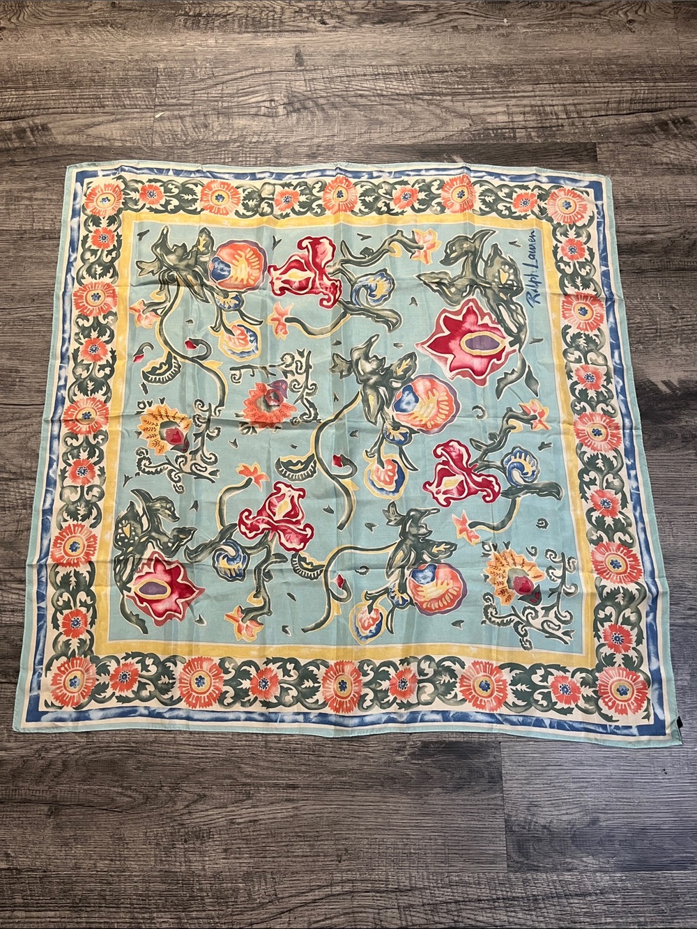 Ralph Lauren Silk Floral Scarf - Blue and Coral Floral Accent